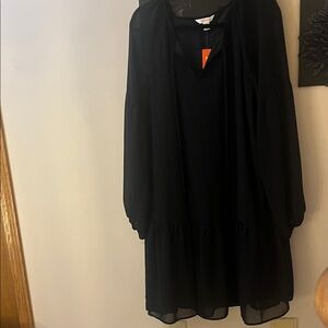 Women's Black V-Neck Long Sleeve Ruffle Hem Dress